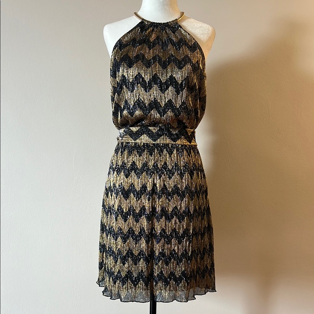 Guess Black and Gold Pleated Halter Midi Dress